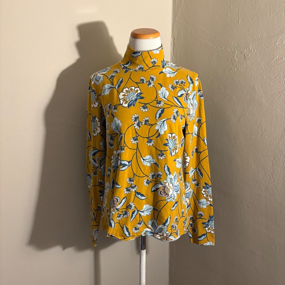 Maeve Anthropologie Mustard Yellow Floral Mock Neck Long Sleeve Top Large